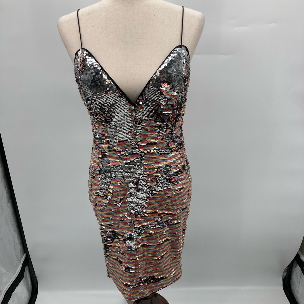 Fashion Nova Women’s Silver/Multi Color Changing Sequence V Padded Mini Dress